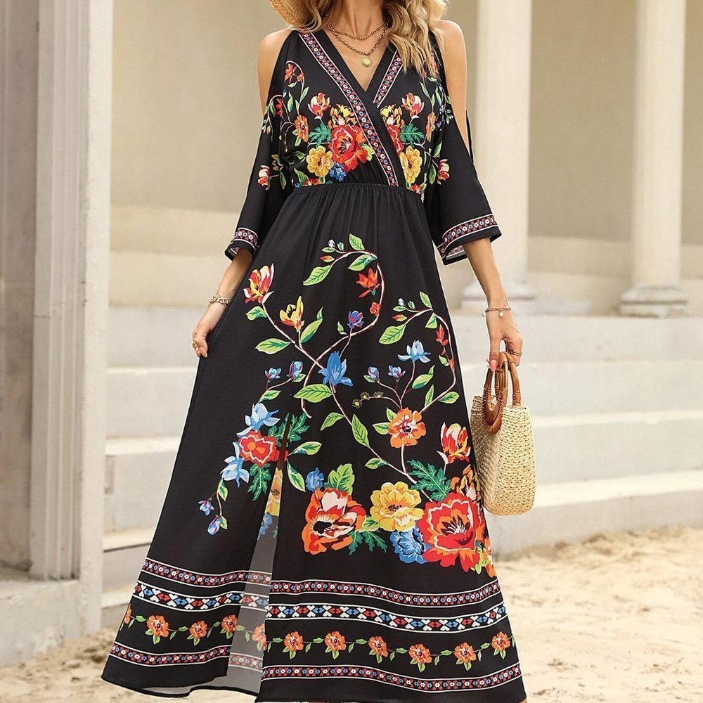 Black Boho Womens Floral Print Cold Shoulder Split Thigh Dress - Picture 4 of 5